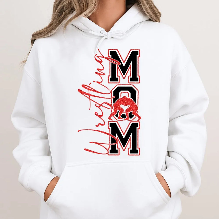 Wrestling Mom Hoodie | Glitter Script Wrestling Design | Premium Cotton Blend | Gift for Wrestling Coach Mom or Sports Fan Parent