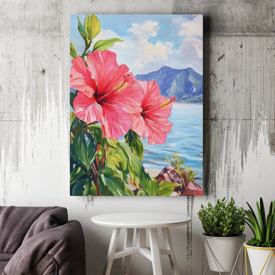Tropical Hibiscus Canvas Wall Art | Vibrant Coastal Seascape Painting Print | Premium Gallery Canvas | Living Room Botanical Decor Gift