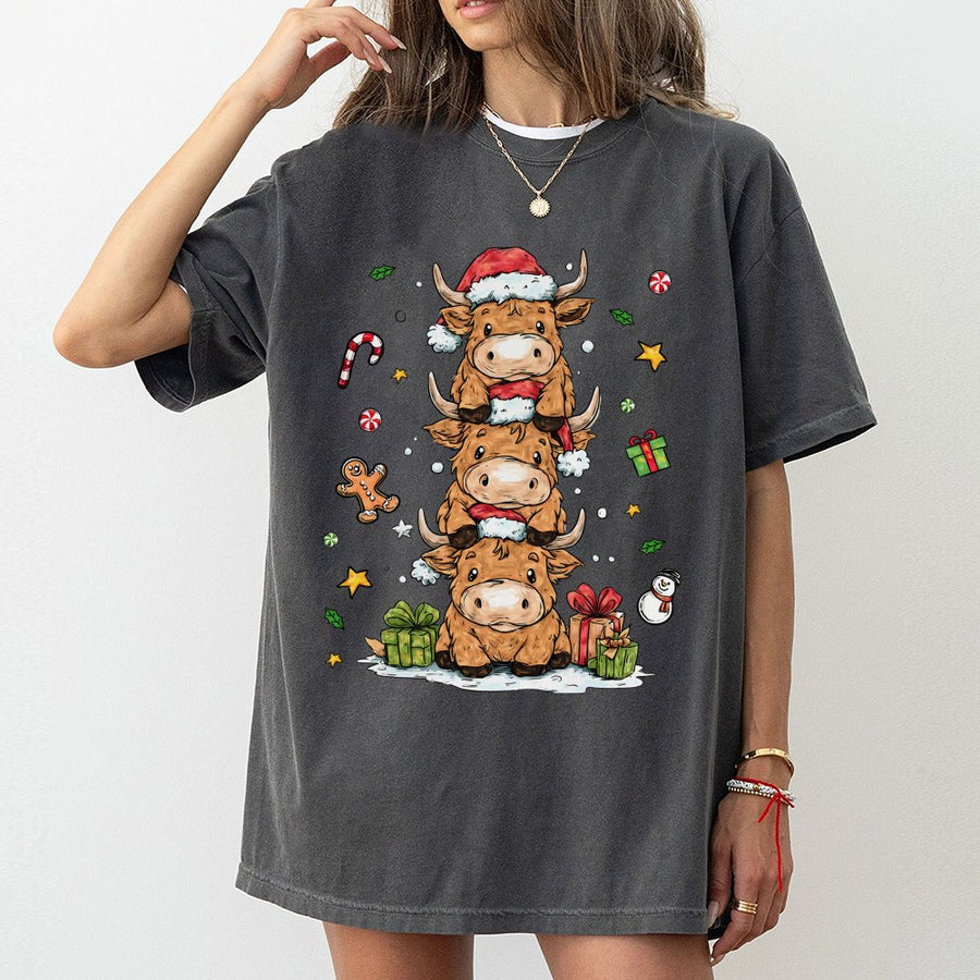 Highland Cow Christmas T-Shirt | Cute Stacked Holiday Cattle Graphic | 100% Premium Cotton Tee | Festive Winter Gift For Animal Lovers