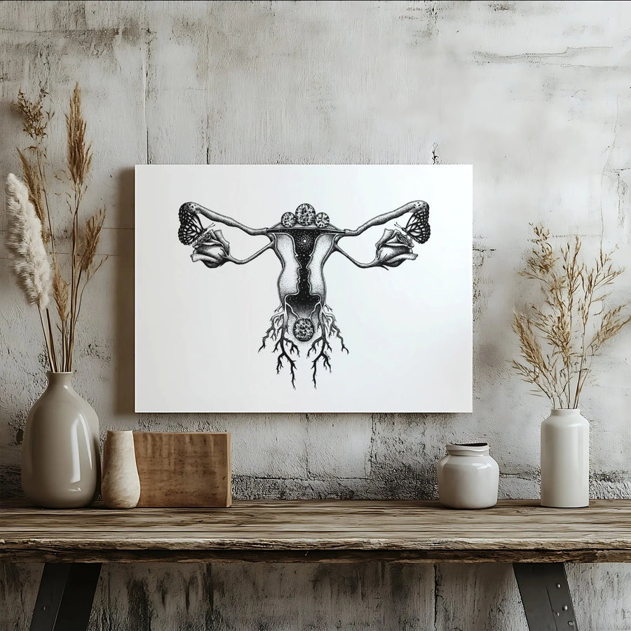 Anatomical Uterus Canvas Print | Botanical Floral Butterfly Dotwork Art | Premium Stretched Gallery Wrap | Feminine Gynecologist Gift Decor