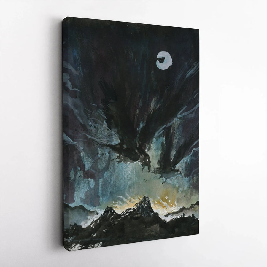 Gothic Raven Wall Art | Dark Fantasy Crow Painting Over Mountains | Premium Gallery Wrapped Canvas | Dark Academia Room Decor Gift