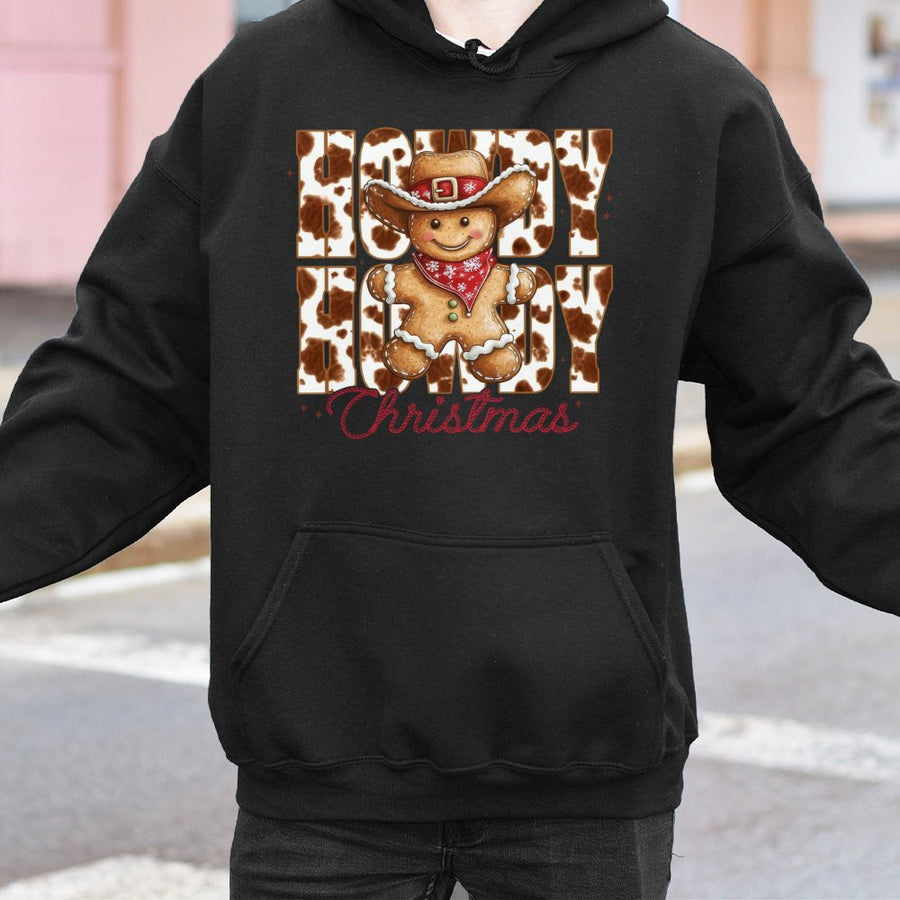 Howdy Christmas Hoodie | Retro Gingerbread Man Cowprint Design | Premium Cotton Blend | Western Holiday Gift For Women And Men