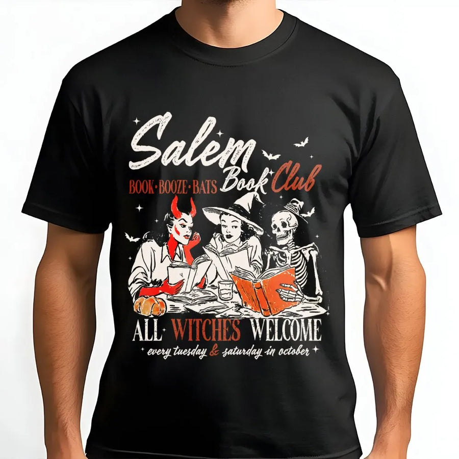Salem Book Club T-Shirt | Spooky Halloween Reading Graphic | Premium Cotton Witchy Apparel | Gift for Bookworms and Halloween Lovers