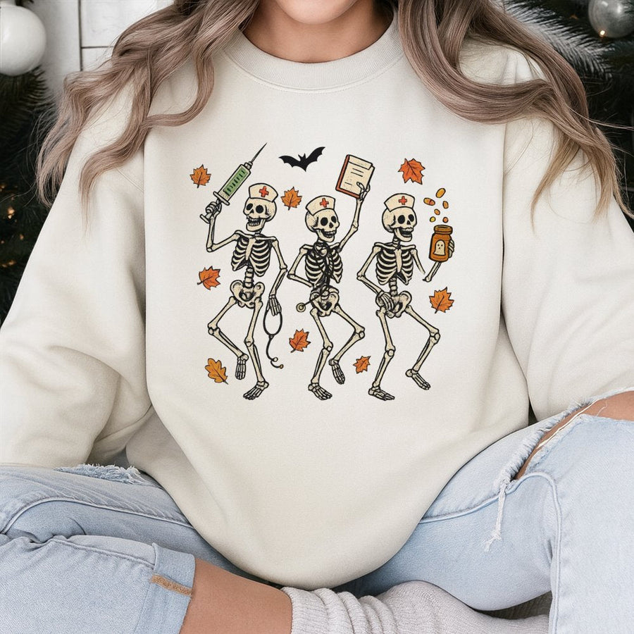 Halloween Nurse Skeleton Sweatshirt | Spooky Fall Medical Design | Premium Cotton Blend | Gift for Registered Nurses and Nursing Students
