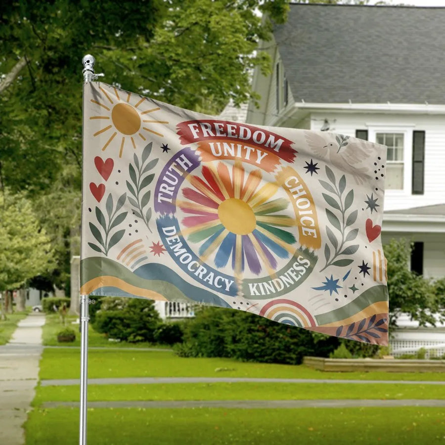 Unity Peace House Flag | Retro Freedom Kindness Banner | Double-Sided 2-Ply Polyester | Boho Rainbow Flower & Peace Dove Art, Outdoor Yard Decor Gift