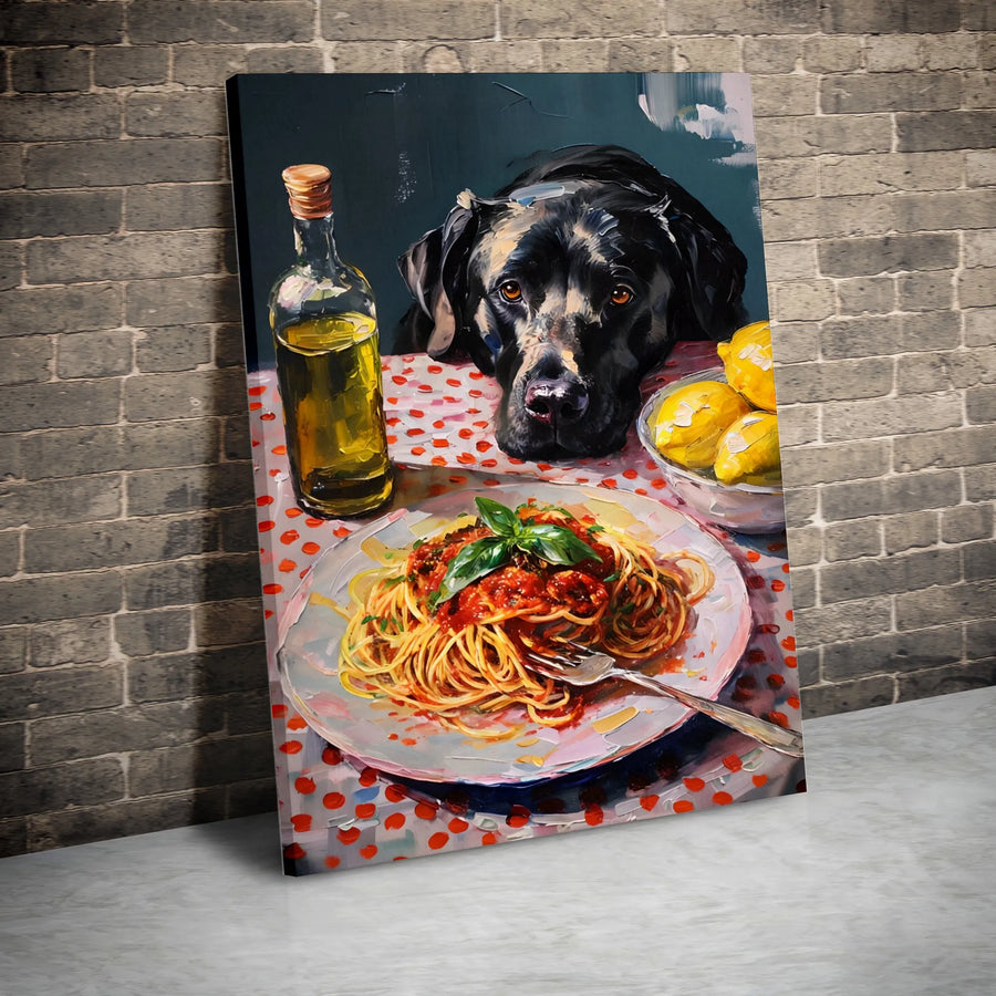 Black Labrador Dog Eating Spaghetti Canvas Art | Impasto Oil Painting Style | Premium 1.25" Gallery Wrap | Kitchen Decor Wall Gift