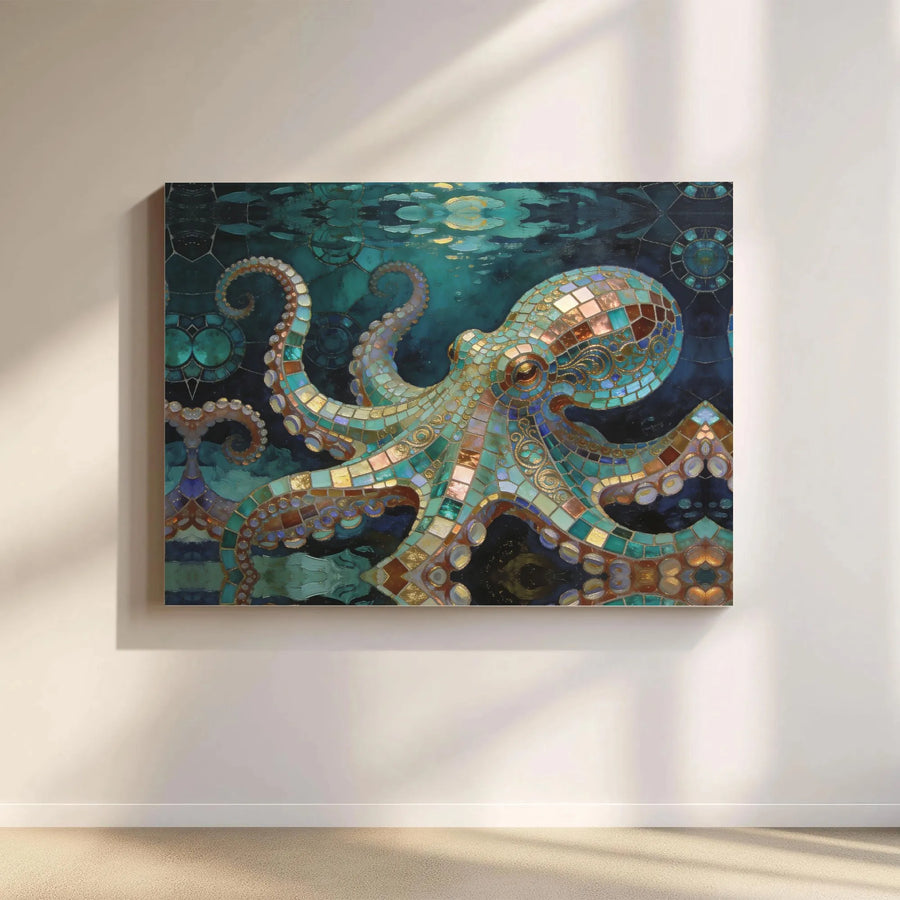 Mosaic Octopus Canvas Wall Art | Teal and Gold Stained Glass Print | Premium Gallery Wrap | Unique Coastal Bathroom Decor Gift