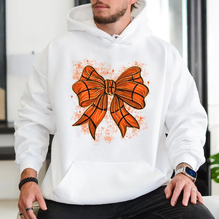 Basketball Bow Hoodie | Coquette Sport Aesthetic Graphic | Soft Cotton-Poly Blend | Cute Game Day Gift For Basketball Mom Or Fan