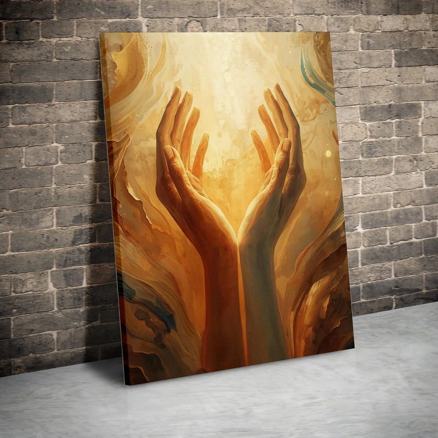 Cupped Hands Holding Golden Light Canvas | Spiritual Abstract Wall Art | Premium Fade-Resistant Print | Serene Home Decor Gift
