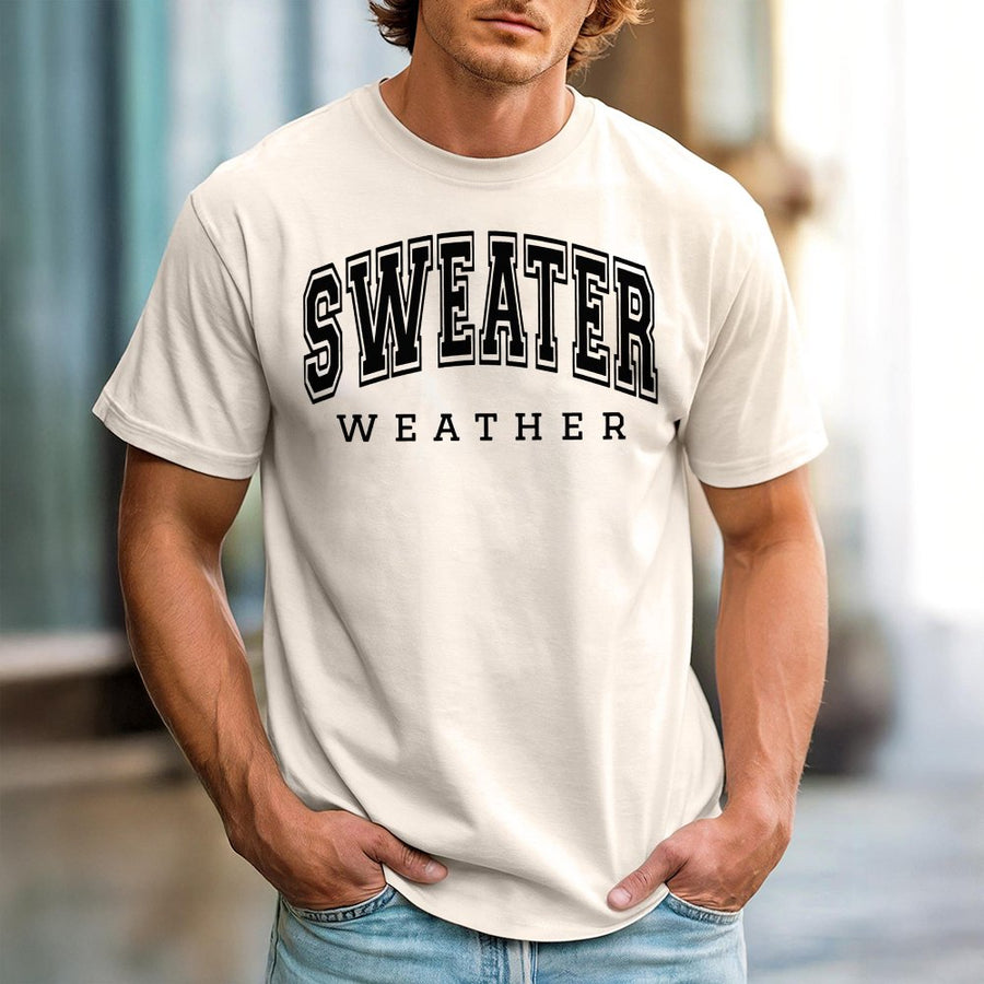 Sweater Weather Graphic T-Shirt | Retro Varsity Lettering Design | Premium 100% Cotton | Cozy Fall Outfit Gift for Women & Men