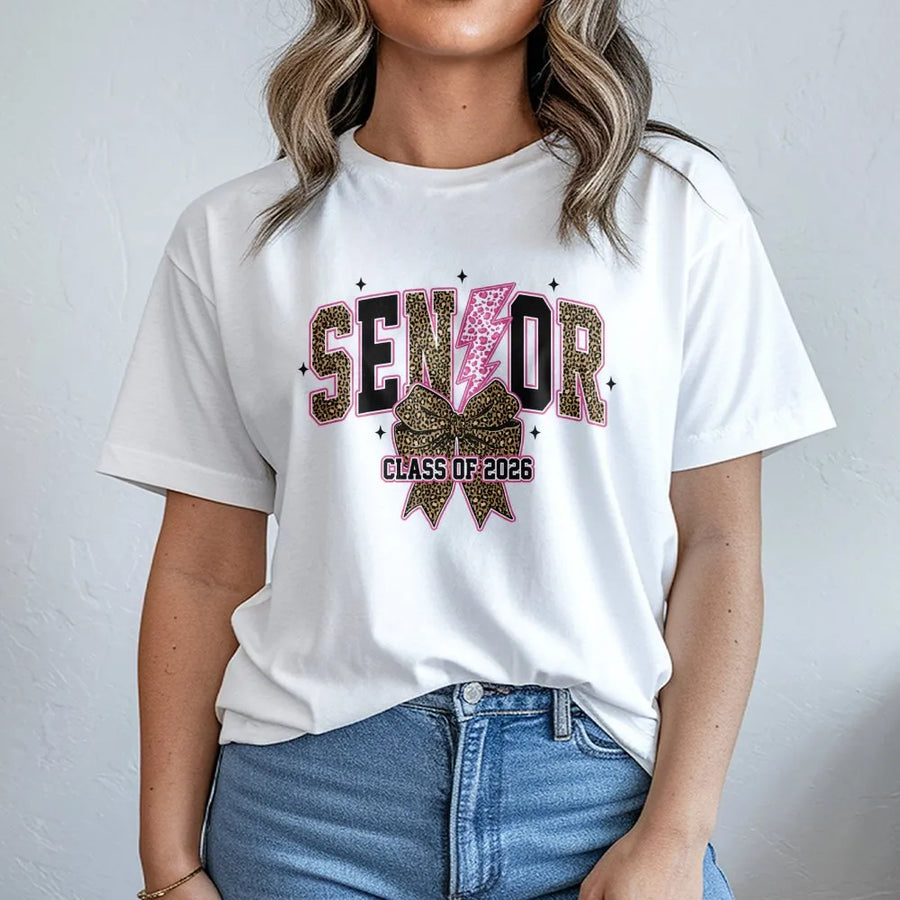 Senior 2026 T-Shirt | Leopard Print Lightning Bolt Bow Graphic | Premium Soft Cotton | Graduation Gift For High School Senior Class of 2026