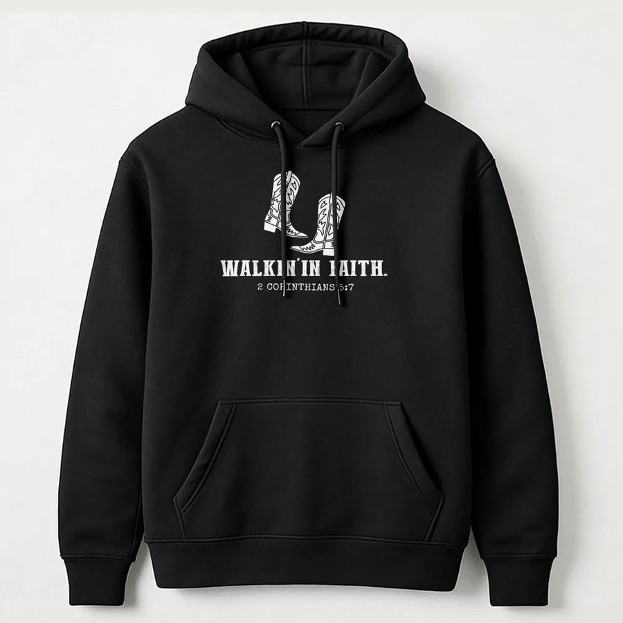 Christian Western Hoodie | Walkin' In Faith Cowboy Boots Graphic | Soft Cotton Blend | Religious Faith Based Gift for Women