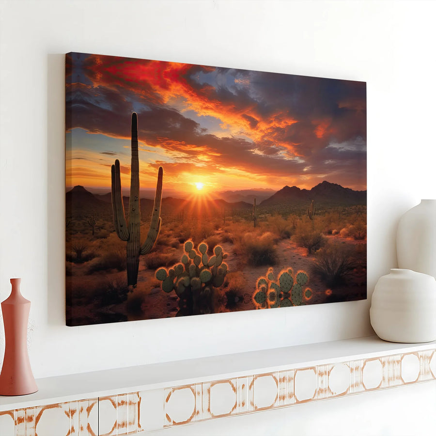 Arizona Desert Sunset Canvas Art | Saguaro and Prickly Pear Cactus Print | Premium Gallery Wrap Decor | Southwest Wall Art for Home Office