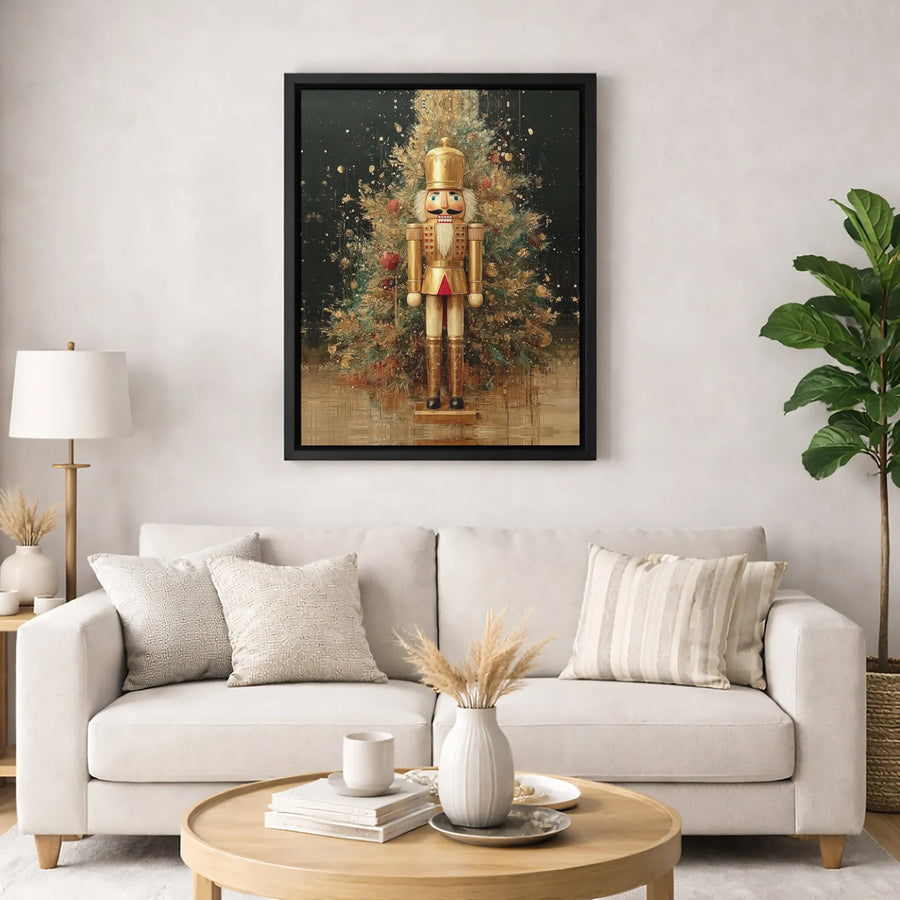 Golden Nutcracker Canvas Wall Art | Festive Christmas Tree Portrait | Premium Gallery Wrap Decor | Holiday Living Room Gift
