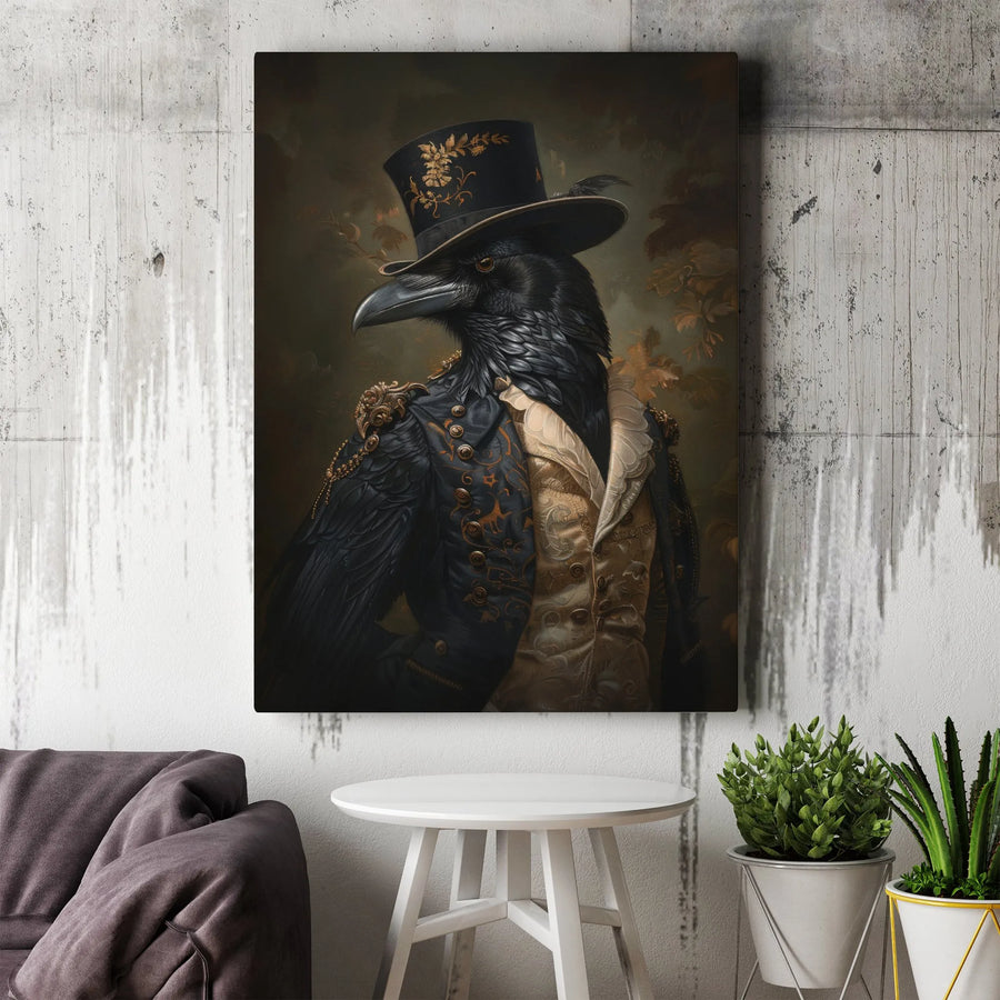 Victorian Crow Canvas Art | Dapper Raven Gentleman in Top Hat | Premium Gallery Wrap Wall Decor | Dark Academia Gothic Home Office Gift