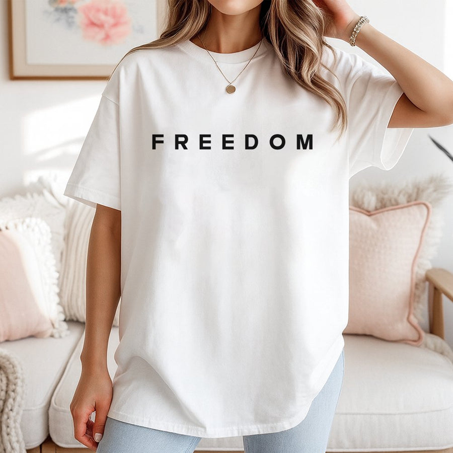 Freedom Graphic T-Shirt | Minimalist Typography Print | 100% Cotton Premium Tee | Unisex Patriotic Gift for Independence Day