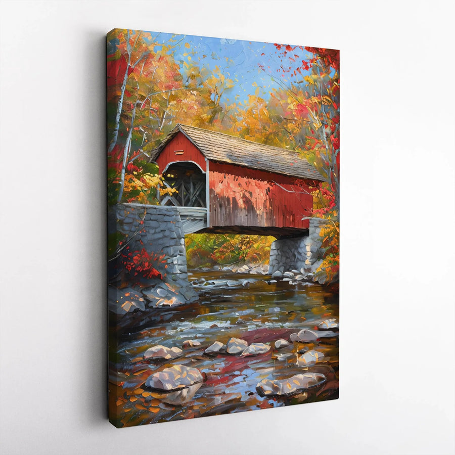 Red Covered Bridge Canvas Wall Art | Autumn Forest Landscape Painting | Premium Gallery-Wrapped 1.25" Profile | Rustic Home Decor Print
