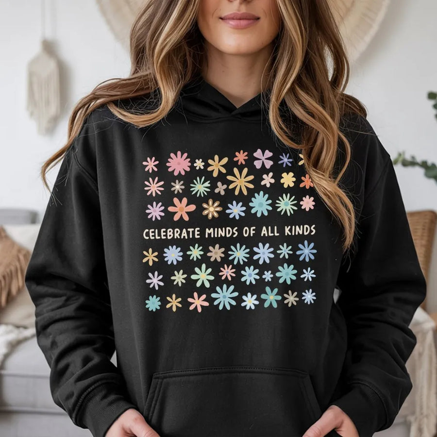 Celebrate Minds Of All Kinds Hoodie | Retro Floral Neurodiversity Graphic | Premium Cotton Blend | Gift For Teachers & Autism Awareness Advocates
