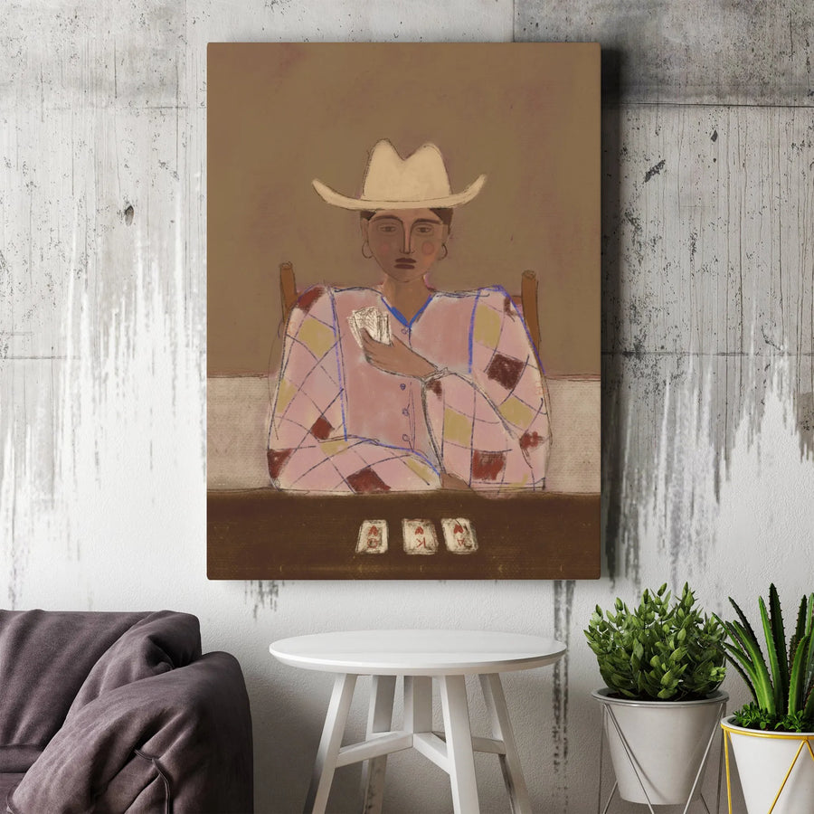 Cowboy Card Player Canvas Art | Modern Folk Art Illustration | Premium Fade-Resistant Print | Collector's Game Room Decor