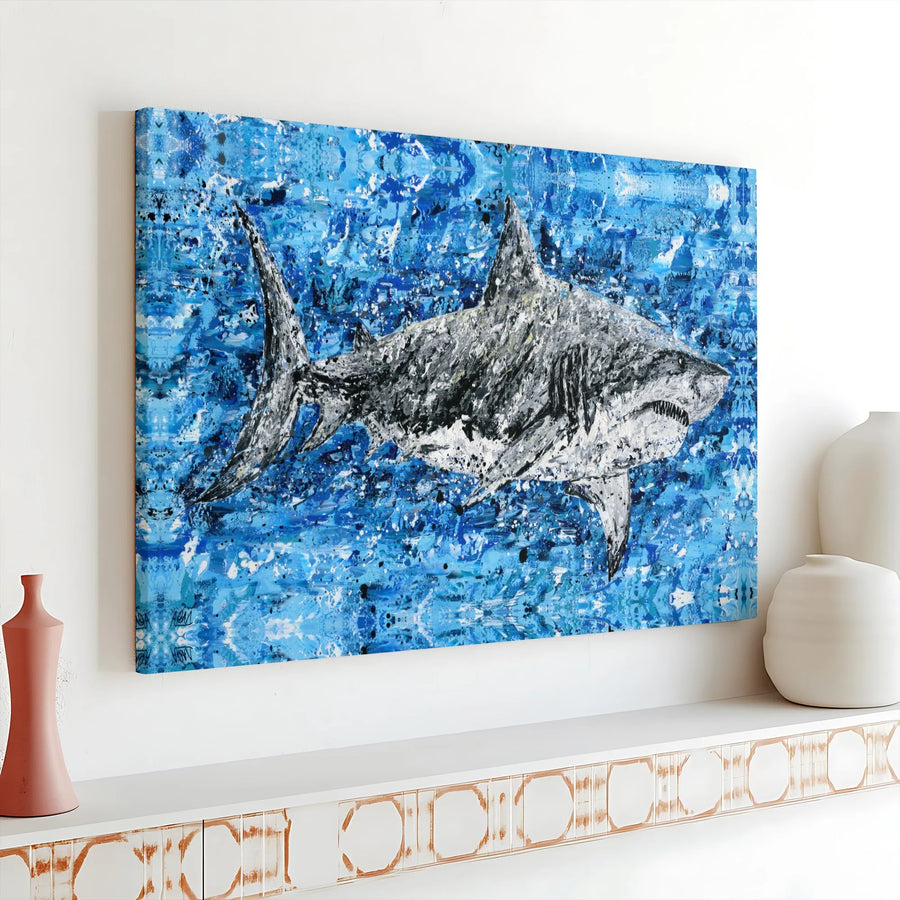 Abstract Great White Shark Canvas Print | Textured Blue Ocean Modern Art | Premium Gallery-Wrapped Wall Decor | Nautical Gift for Shark Lovers