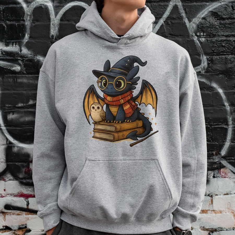 Wizard Dragon Hoodie | Cute Bookworm Fantasy Creature Graphic | Premium Soft Cotton Blend | Magical Reader Gift for Fantasy Lovers