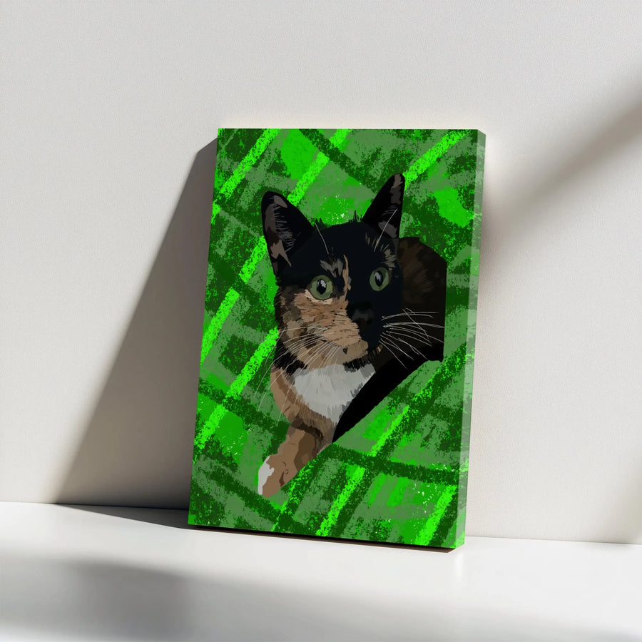 Tortoiseshell Cat Wall Art | Modern Abstract Green Portrait | Premium Gallery Wrapped Canvas | Gift For Cat Lovers And Pet Owners