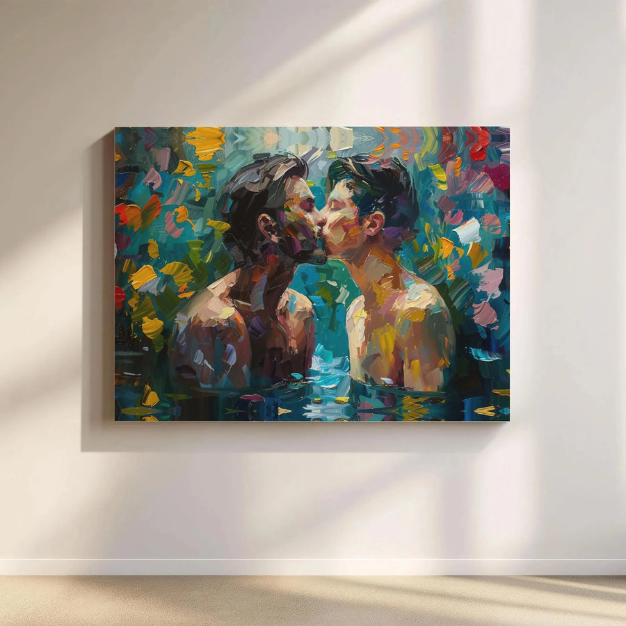 Gay Couple Kissing Canvas Art | Abstract Impasto Oil Painting Style | Premium Gallery-Wrapped Print | LGBTQ Pride Home Decor Wall Gift