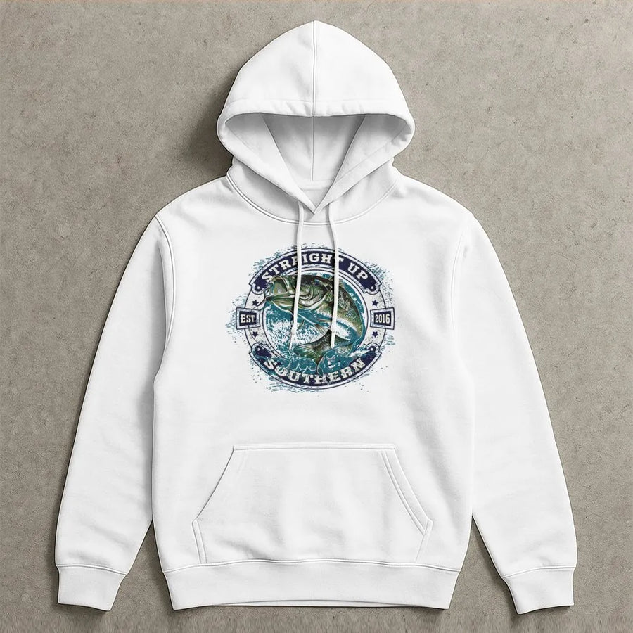 Bass Fishing Hoodie | Jumping Largemouth Bass Badge Design | Premium Cotton-Polyester Blend | Southern Style Outdoors Gift For Anglers