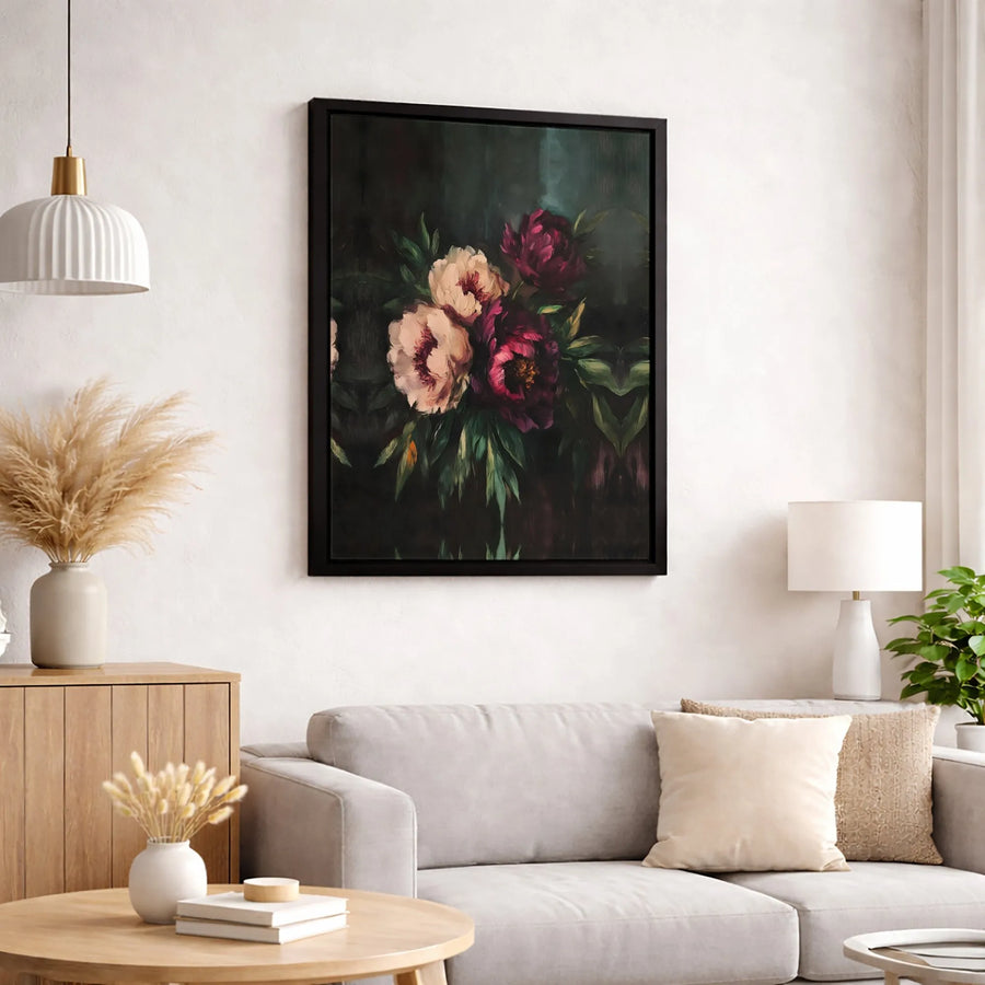 Moody Peony Floral Canvas Print | Dark Botanical Oil Painting Style | 1.25-Inch Premium Gallery Profile | Elegant Moody Home Decor Wall Art