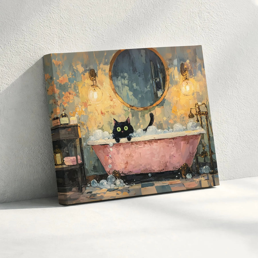 Black Cat in Pink Bathtub Wall Art | Whimsical Bathroom Decor Painting | Premium Gallery-Wrapped Canvas | Funny Animal Lover Gift