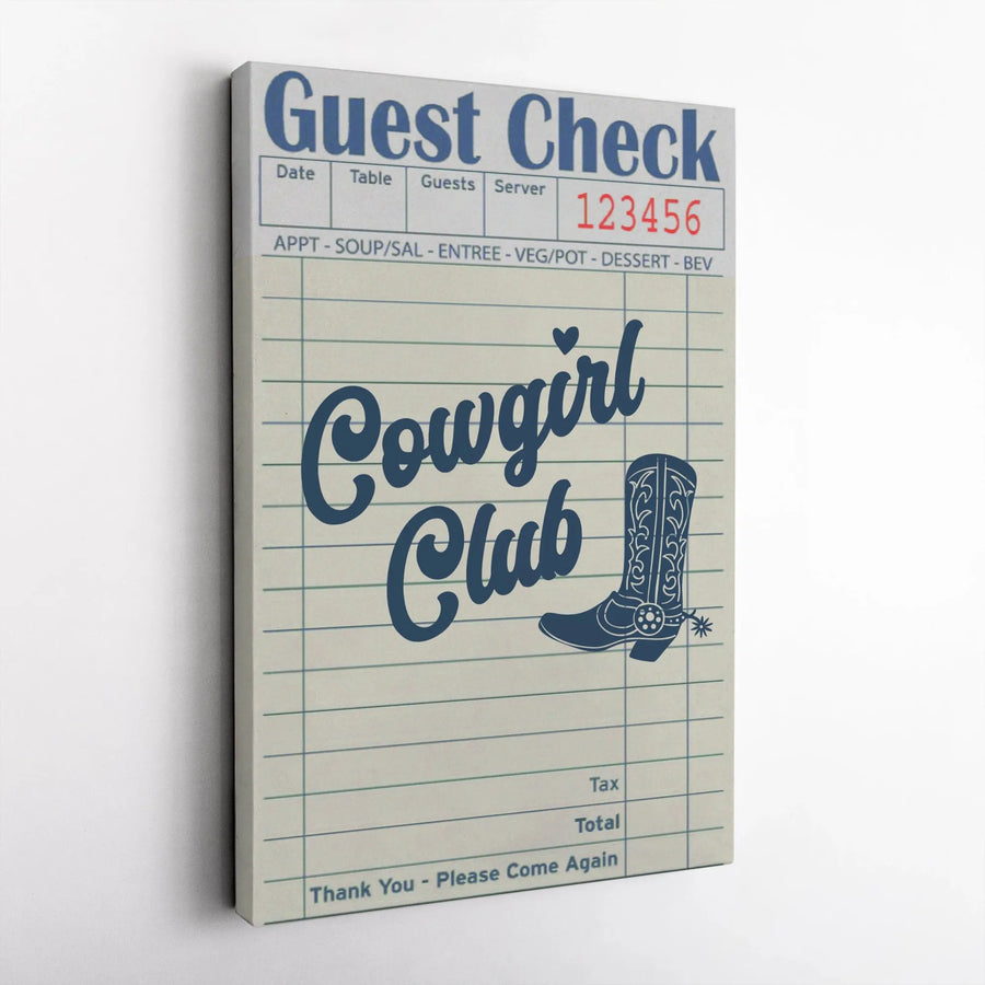 Cowgirl Club Wall Art | Vintage Guest Check Restaurant Receipt Design | Premium 1.25-Inch Thick Canvas | Western Home Decor Gift