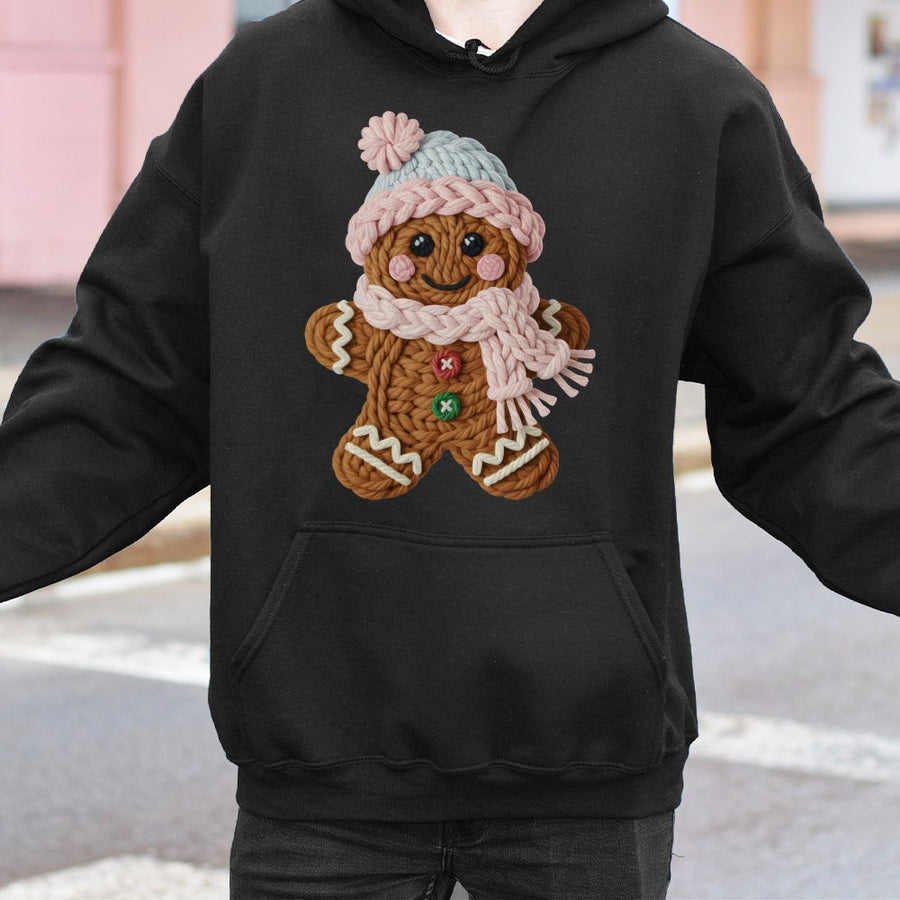 Cute Gingerbread Man Hoodie | Knitted Yarn Texture Graphic | Premium Cotton-Blend Pullover | Cozy Christmas Gift for Women and Men