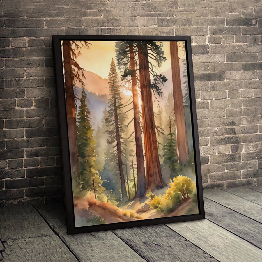 Redwood Forest Canvas Art | Watercolor Sunrise Landscape Wall Decor | Gallery Quality Premium Print | Serene Nature Gift for Home Office