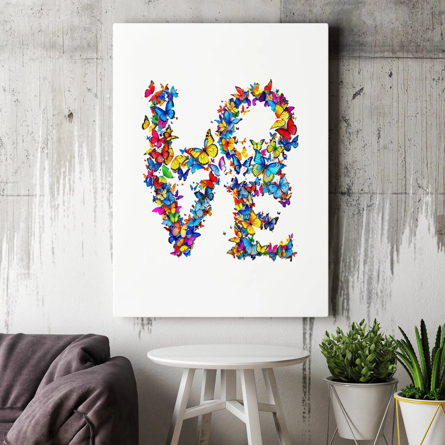 Butterfly Love Wall Art | Colorful Butterfly Typography Print | 1.25 Inch Gallery Wrapped Canvas | Inspirational Home Decor Gift