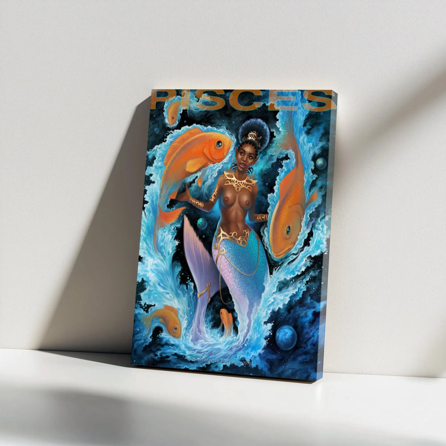 Pisces Zodiac Canvas Print | Afrocentric Mermaid Goddess Art | Premium Gallery Wrapped Canvas | Spiritual Astrology Decor Gift for Her
