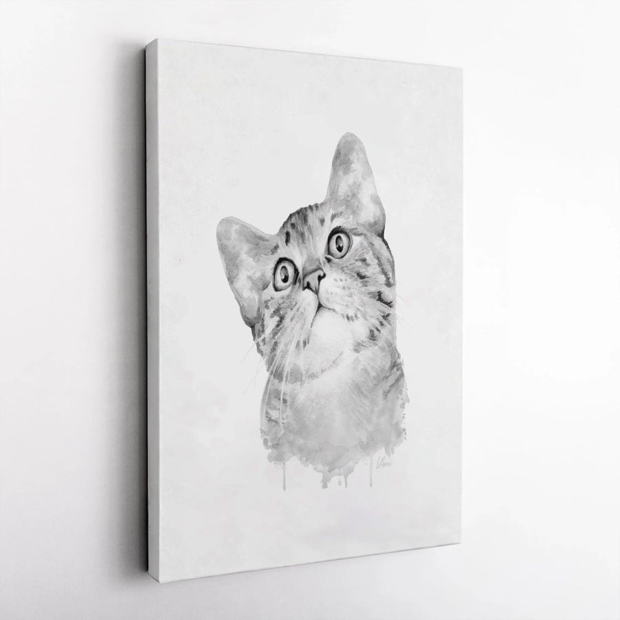 Curious Tabby Cat Canvas Print | Black and White Watercolor Portrait | Premium Gallery-Wrapped Wall Art | Modern Home Decor Gift for Cat Lovers