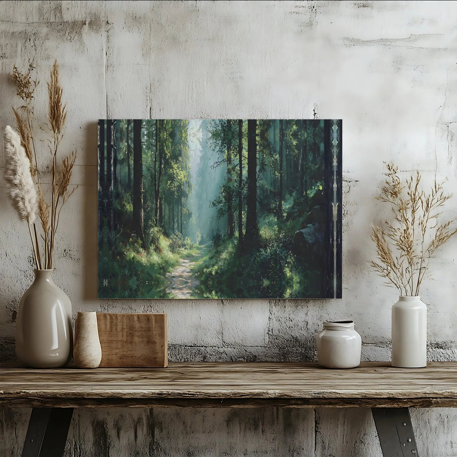 Forest Path Canvas Wall Art | Sunlight Through Trees Landscape Painting | Premium Gallery Wrapped Canvas | Nature Lover Gift for Living Room Decor