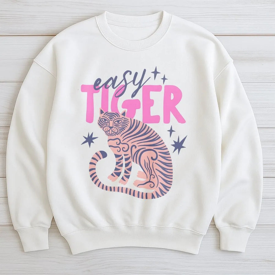 Easy Tiger Sweatshirt | Retro Tiger Graphic | Premium Soft Cotton Blend | Trendy Boho Pullover Gift for Her