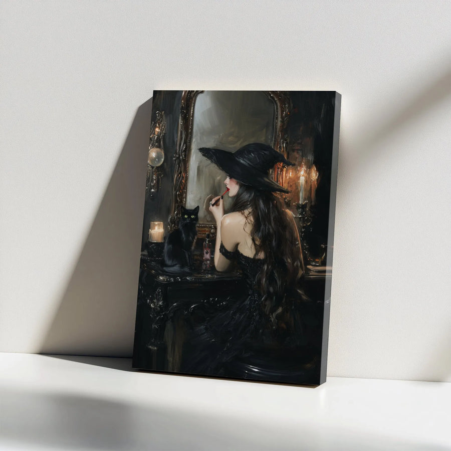 Gothic Witch Canvas Wall Art | Black Cat Vanity Painting | 1.25" Gallery Wrap Premium Print | Dark Academia Home Decor Gift