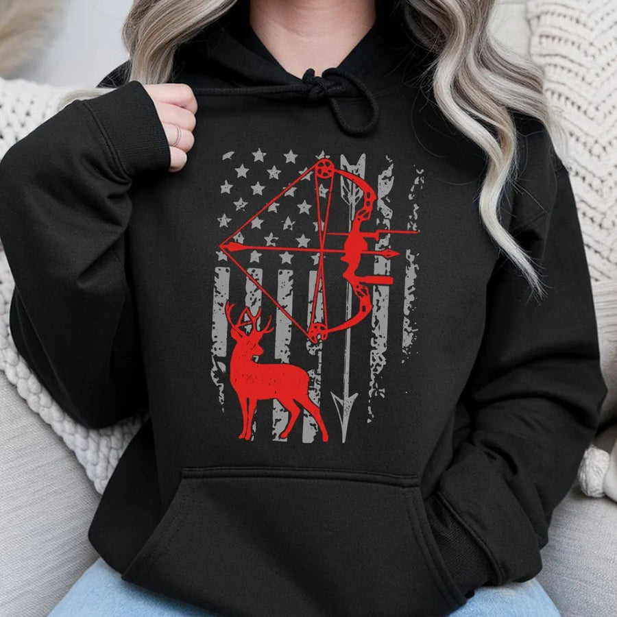 Bow Hunting Hoodie | American Flag Deer Archer Graphic | Premium Cotton Blend | Patriotic Gift for Hunters and Outdoorsmen
