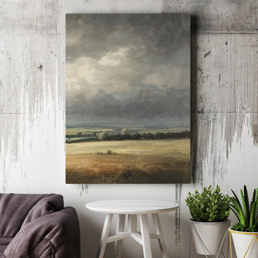 Moody Landscape Canvas Wall Art | Vintage Stormy Sky Painting Print | Premium Gallery Wrapped Canvas | Farmhouse Living Room Decor