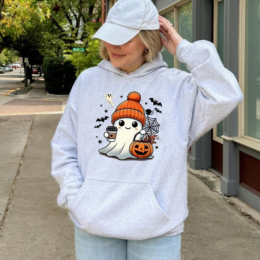Cute Ghost Coffee Hoodie | Kawaii Spooky Season Pumpkin Design | Premium Cotton-Blend Pullover | Halloween Gift for Women and Men