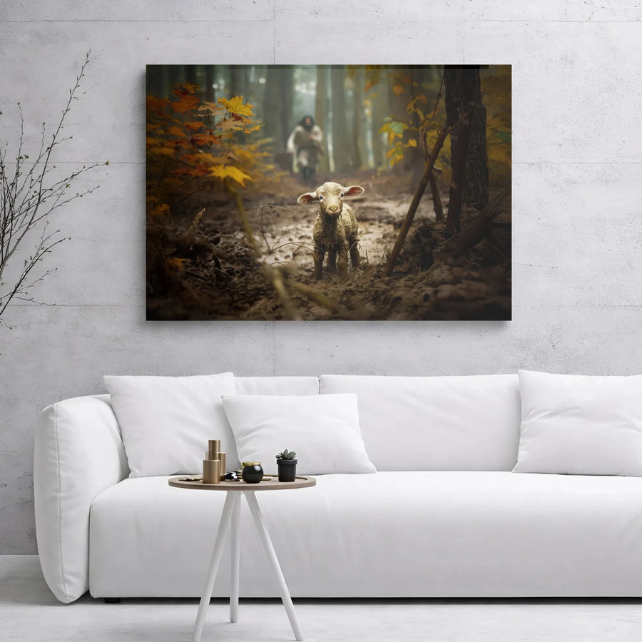 Jesus The Good Shepherd Canvas | Lost Lamb In Forest Art | 1.25 Inch Gallery Wrap | Christian Home Decor Gift