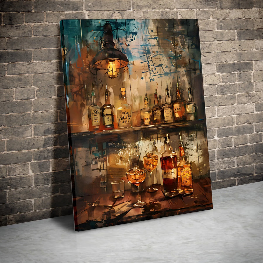 Whiskey Bar Wall Art | Abstract Rustic Tavern Liquor Bottle Print | Premium 1.25-Inch Gallery Canvas | Man Cave Home Decor Gift