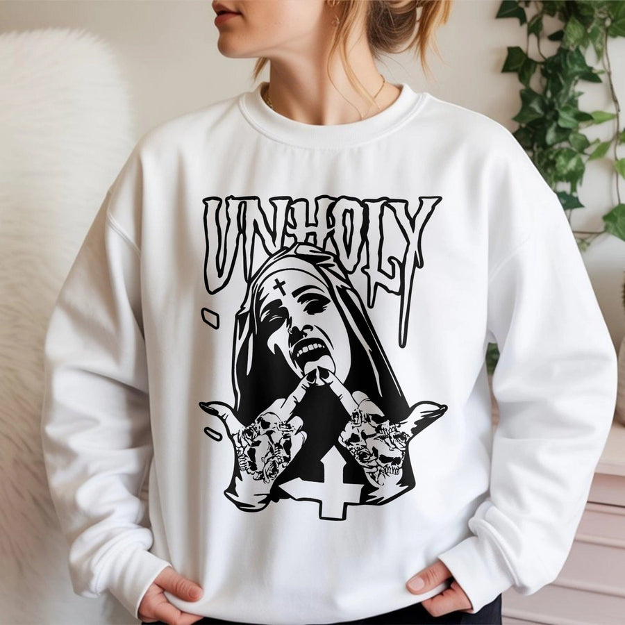 Unholy Nun Graphic Sweatshirt | Edgy Gothic Aesthetic Print | Premium Cotton Blend Unisex Crewneck | Dark Alternative Fashion Gift for Her Him
