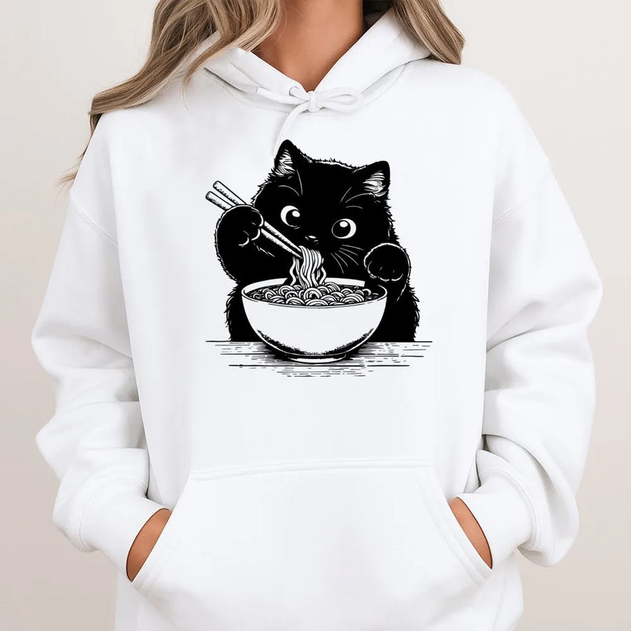 Ramen Cat Hoodie | Cute Kawaii Anime Kitten Eating Noodles | Premium Soft Unisex Pullover | Funny Japanese Foodie Gift for Cat Lovers