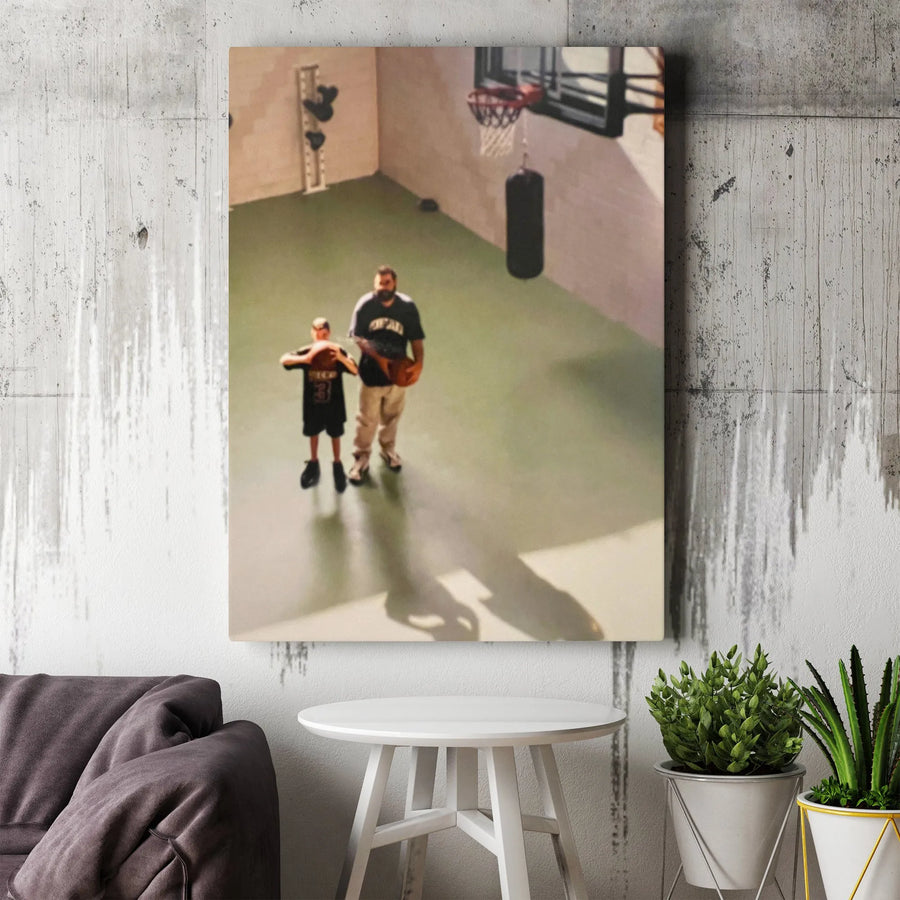 Father and Son Basketball Canvas Print | Nostalgic Court Photo Wall Art | Premium Gallery Wrapped Canvas | Gift for Dad from Son
