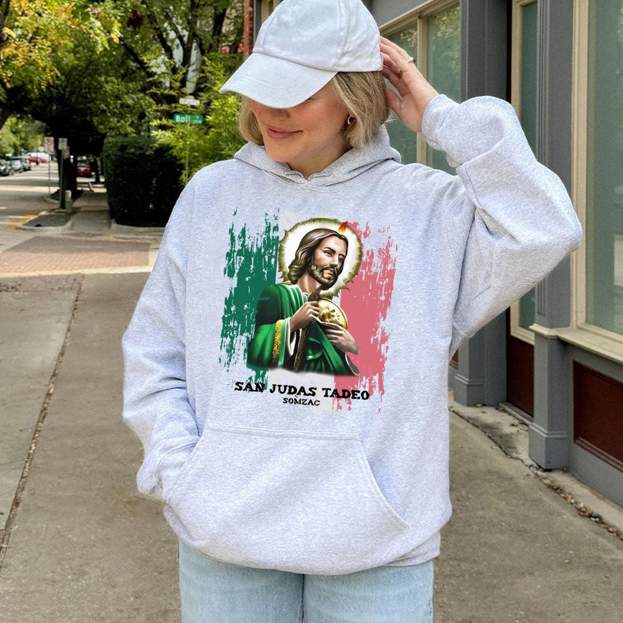 San Judas Tadeo Hoodie | Mexican Flag Artistic Graphic | Premium Cotton Blend | Catholic Religious Gift for Devotees
