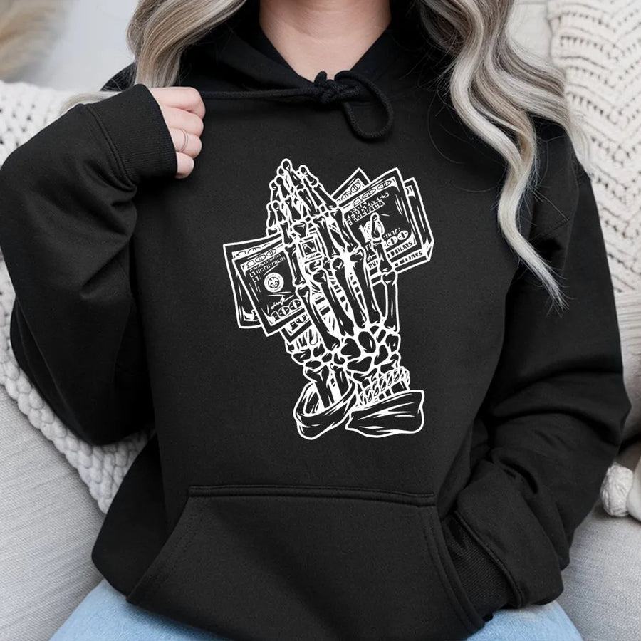 Skeleton Praying Hands Hoodie | Money Cash Graphic Streetwear | Premium Cotton Blend | Edgy Hip Hop Gift for Men and Women