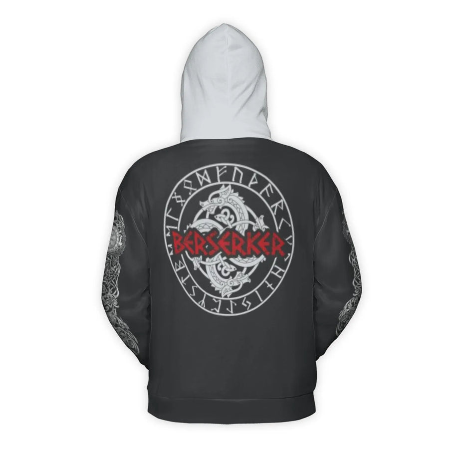 Viking Berserker Hoodie | Skull And Dragon Runes 3D Graphic Print | Premium Polyester Fleece Lining | Unisex Norse Mythology Gift for Him